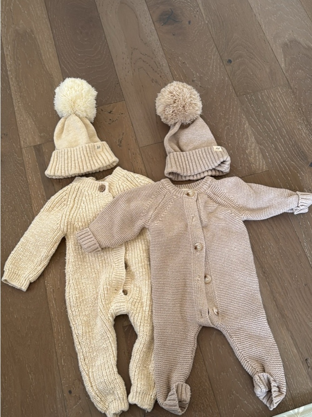 Knit Footie & Pom Hat Set - Cream and Beige